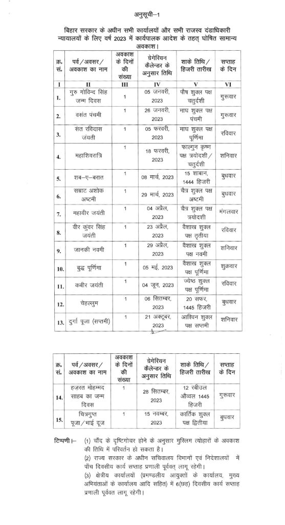 Bihar Government Calendar 2023 With Public Holidays List PDF Download