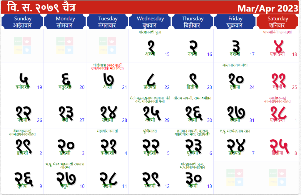 Nepali Calendar March to April 2023 | Nepali Patro 2079 Chaitra Month