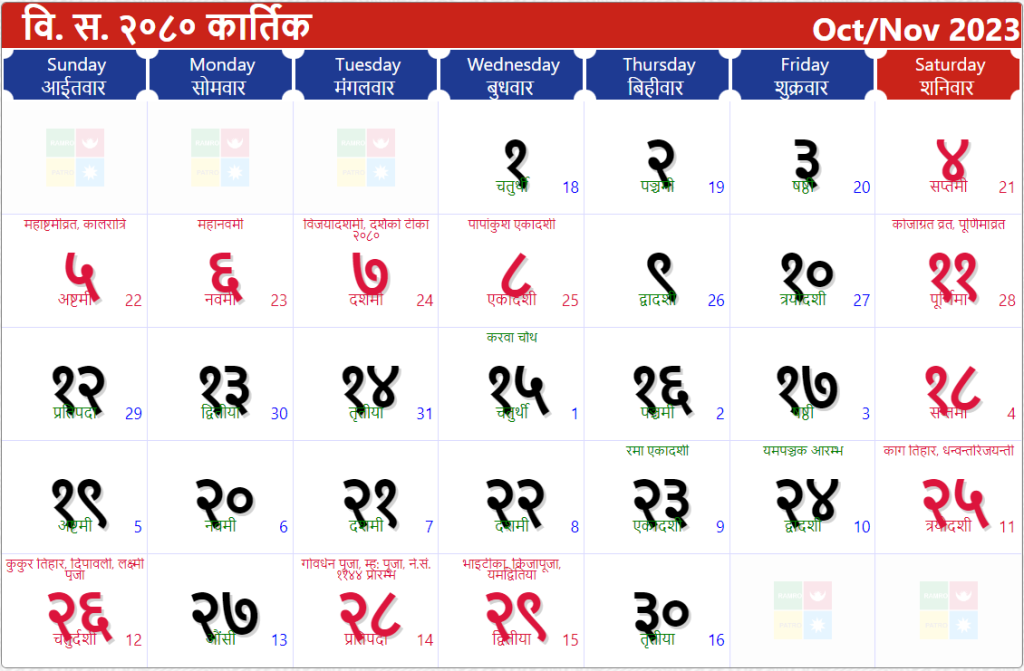 Nepali Calendar October to November 2023 | Nepali Patro 2080 Kartik Month