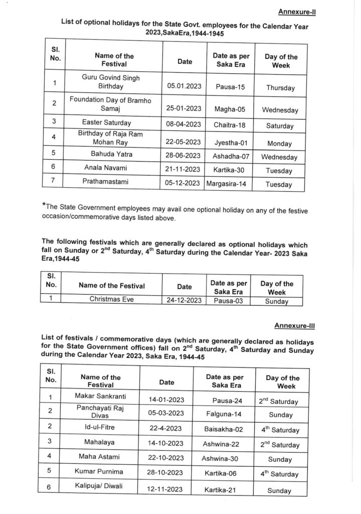 Odisha Govt Calendar 2023 with Holidays and Festivals List