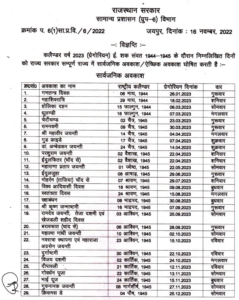 Rajasthan Government Public Holidays List 2023