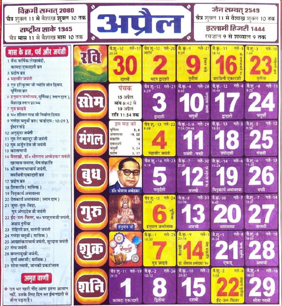 Hindu Tithi Calendar 2023 April – हिन्दू तिथि कैलेंडर 2023 अप्रैल