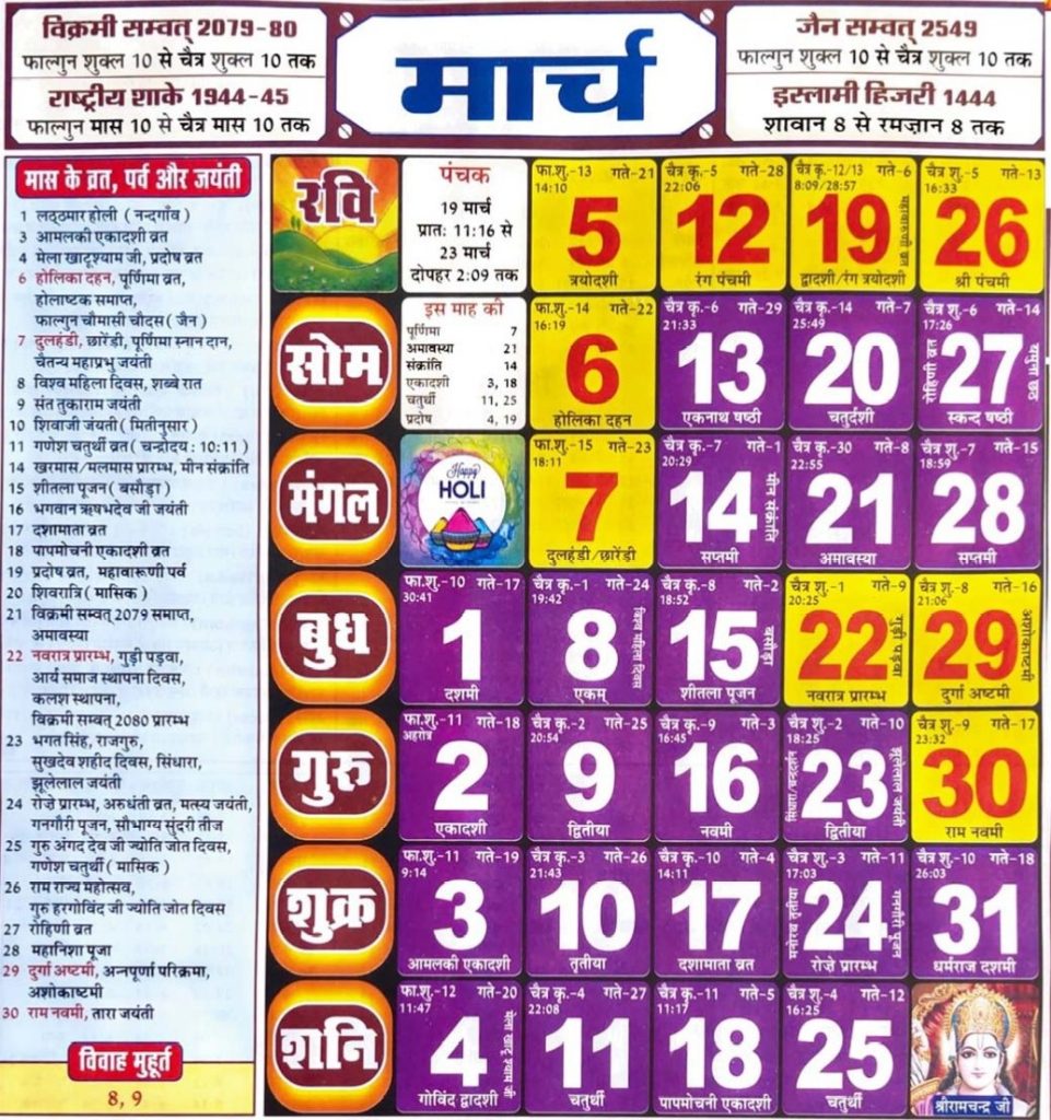 Hindu Tithi Calendar 2023 March – हिन्दू तिथि कैलेंडर 2023 मार्च