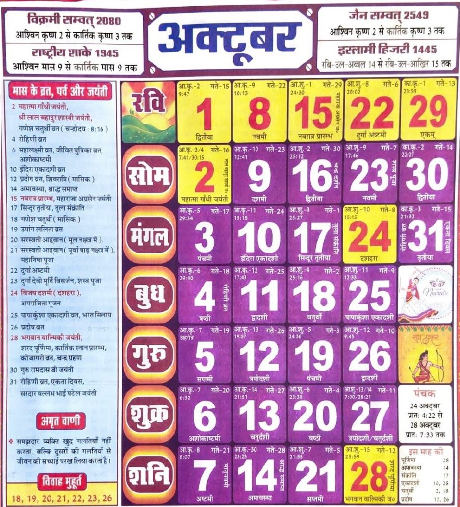 Hindu Tithi Calendar 2023 October – हिन्दू तिथि कैलेंडर 2023 अक्टूबर