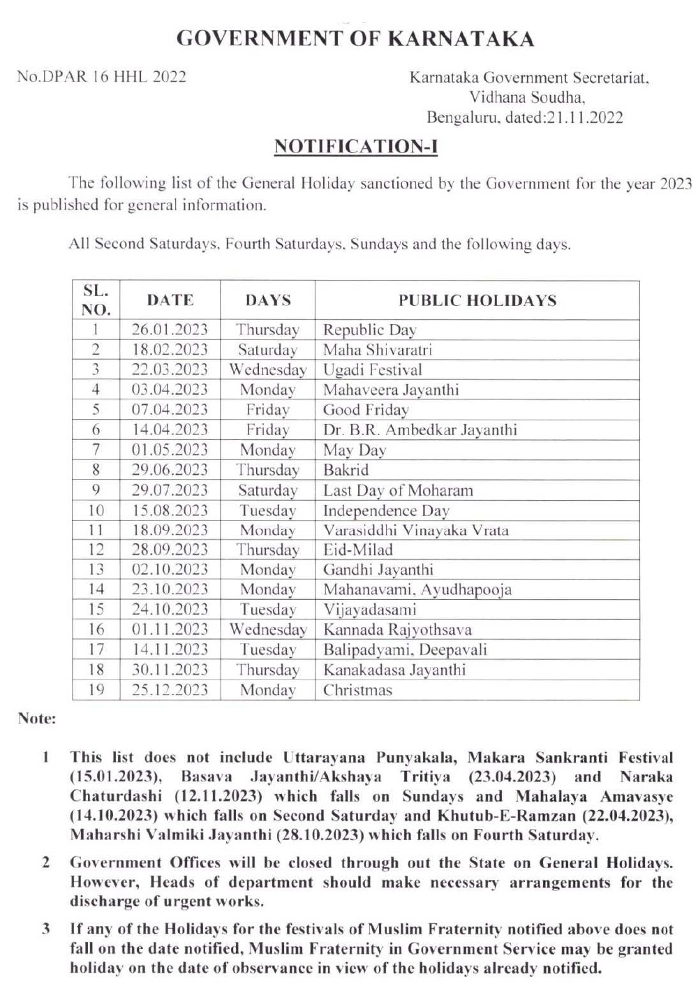 Karnataka Govt Calendar 2023, Karnataka Government Holidays List 2023