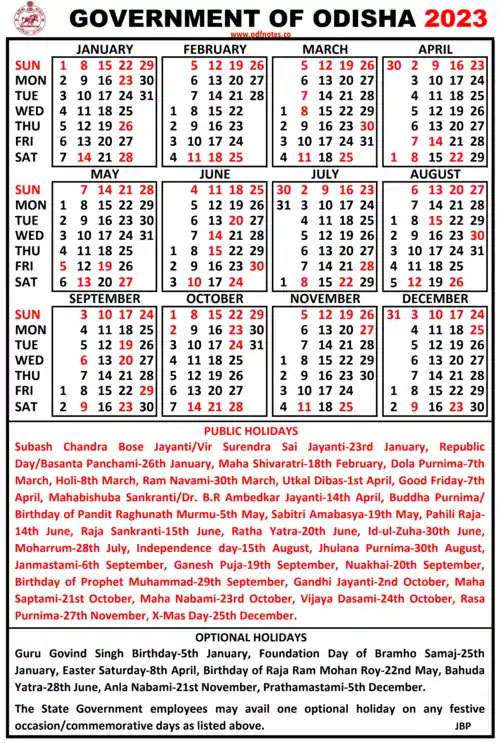 Odisha State Government Calendar 2023 PDF Download