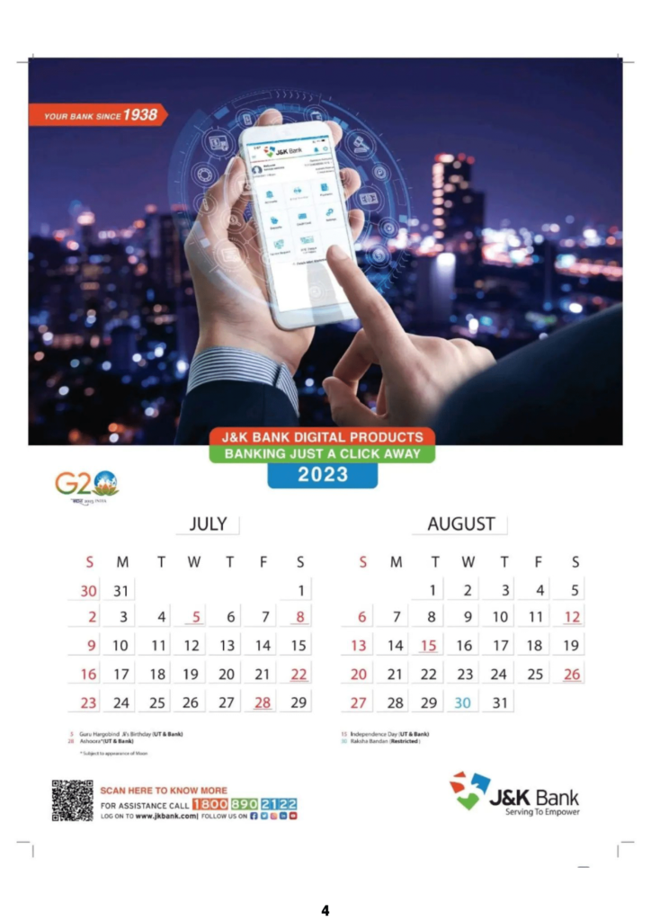 J&K Bank Calendar 2023 August
