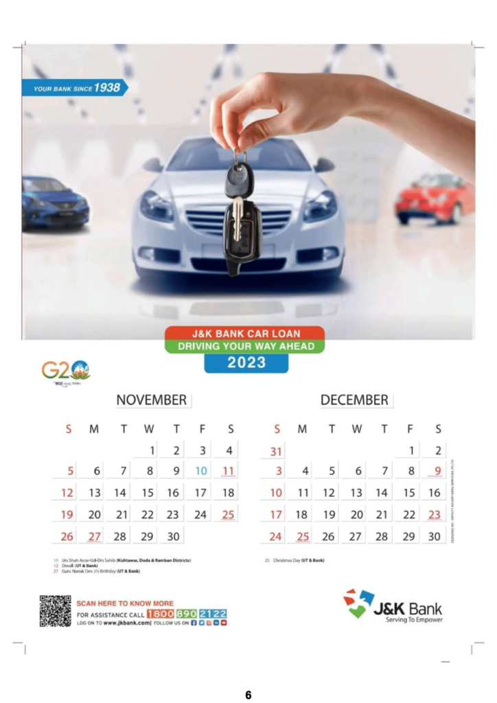 J&K Bank Calendar 2023 December