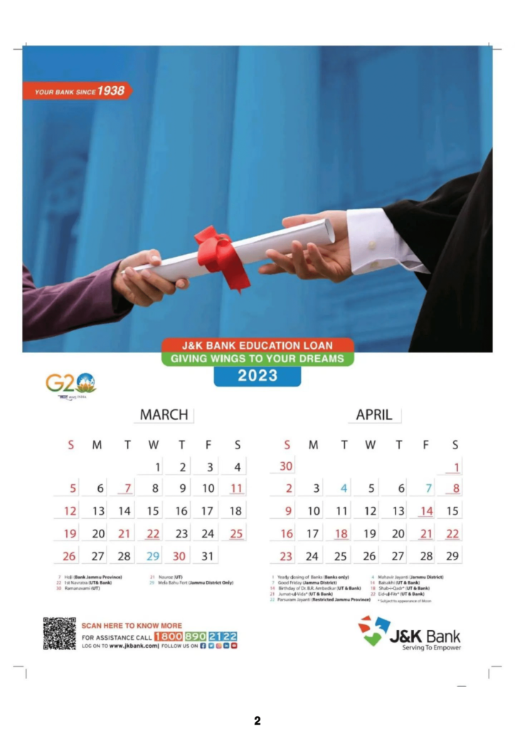 J&K Bank Calendar 2023 March