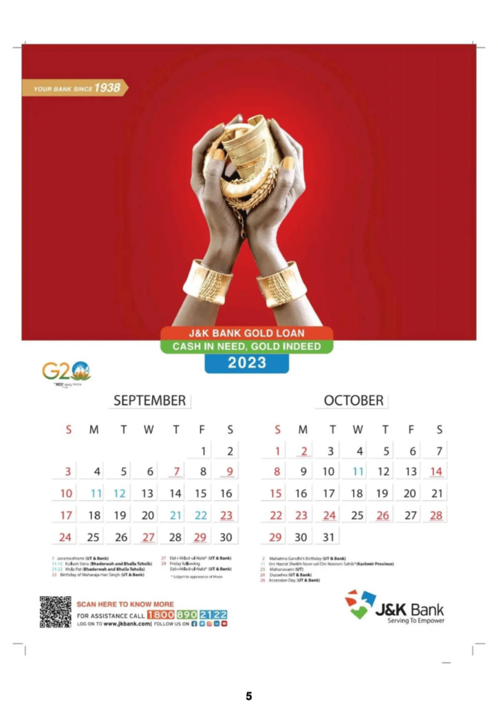 J&K Bank Calendar 2023 October