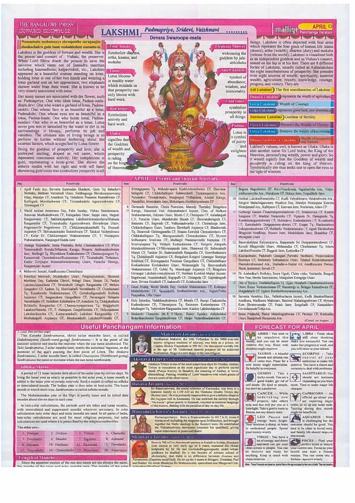 Mallige Panchanga Darshini Kannada 2023 April Calendar