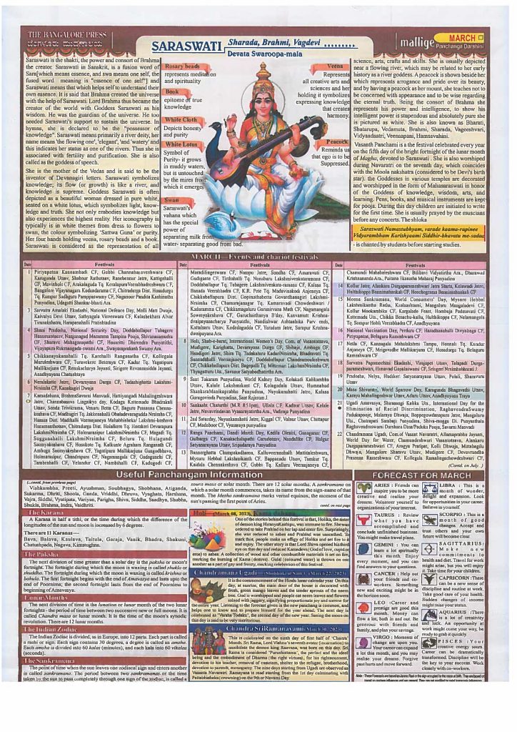 Mallige Panchanga Darshini Kannada 2023 March Calendar