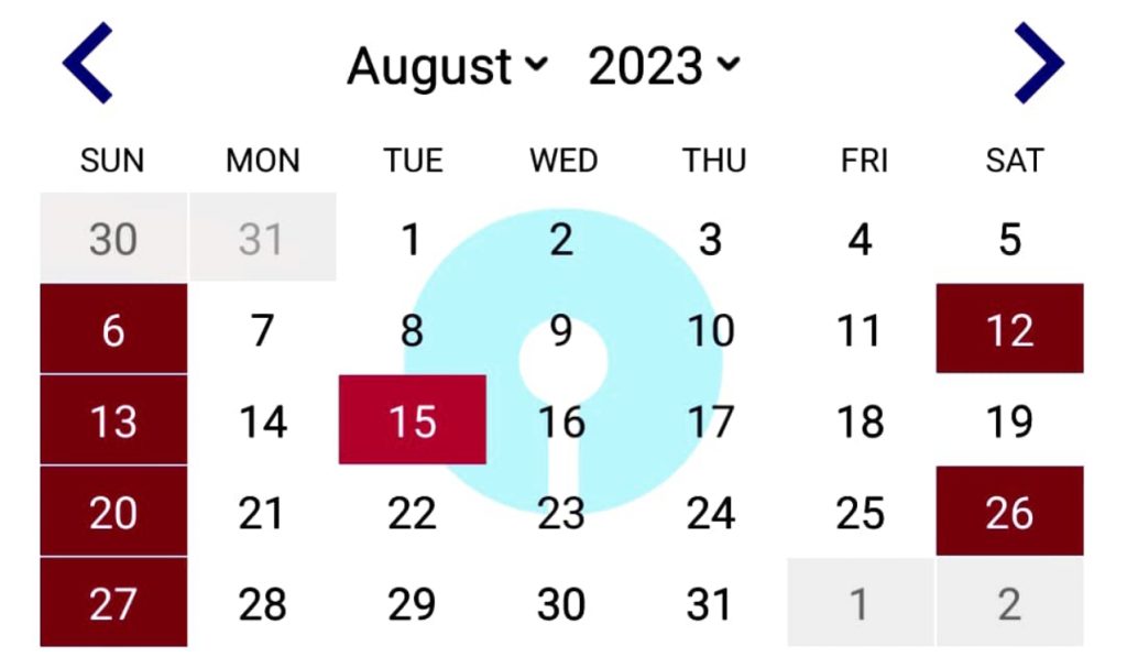 SBI Bank Calendar August 2023