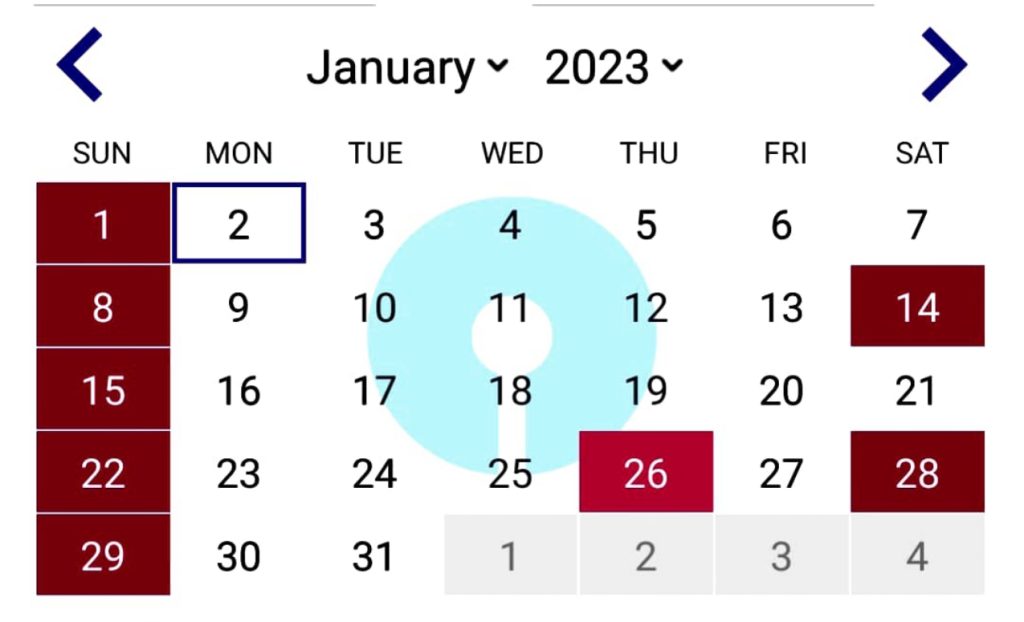SBI Bank Calendar January 2023