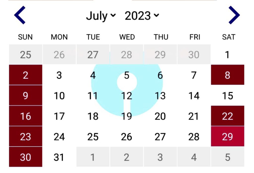 SBI Bank Calendar July 2023