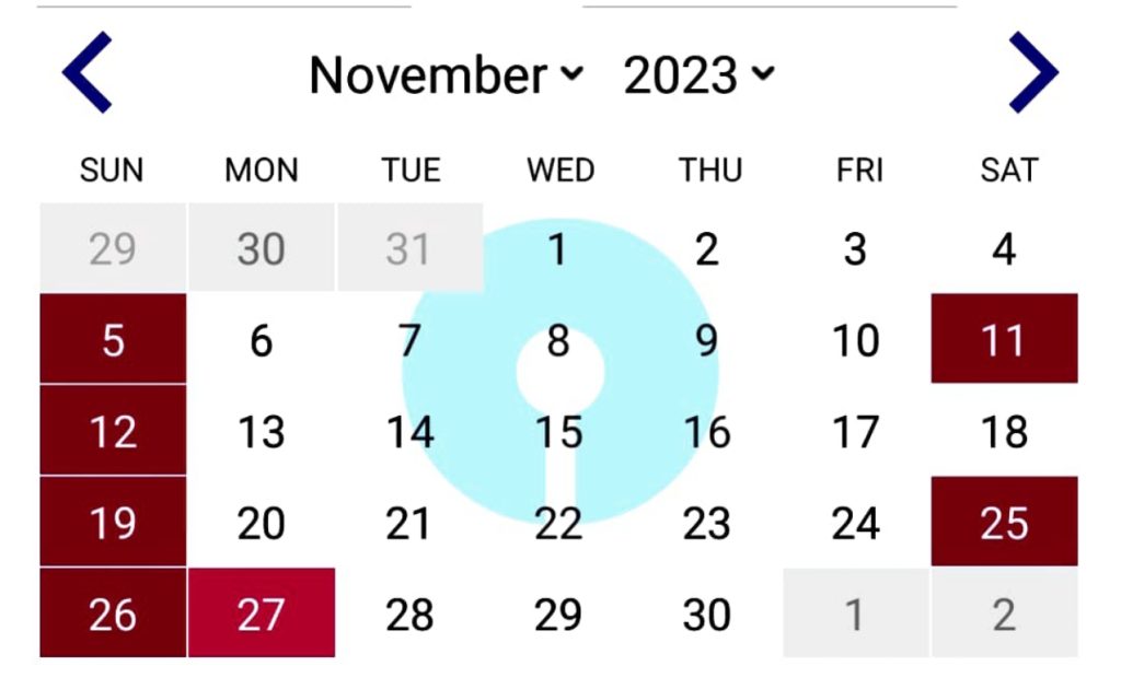 SBI Bank Calendar November 2023