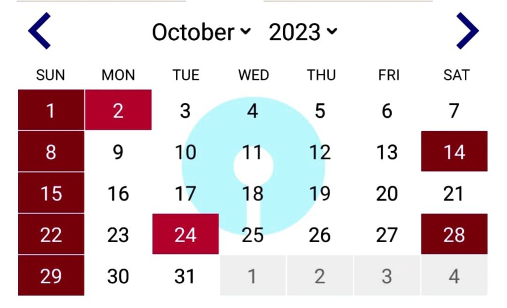 SBI Bank Calendar October 2023