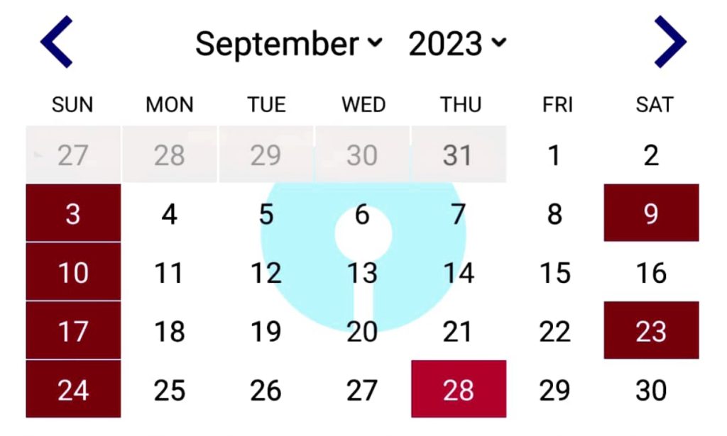 SBI Bank Calendar September 2023