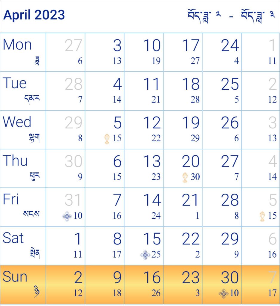 Tibetan Buddhist Calendar 2023 April