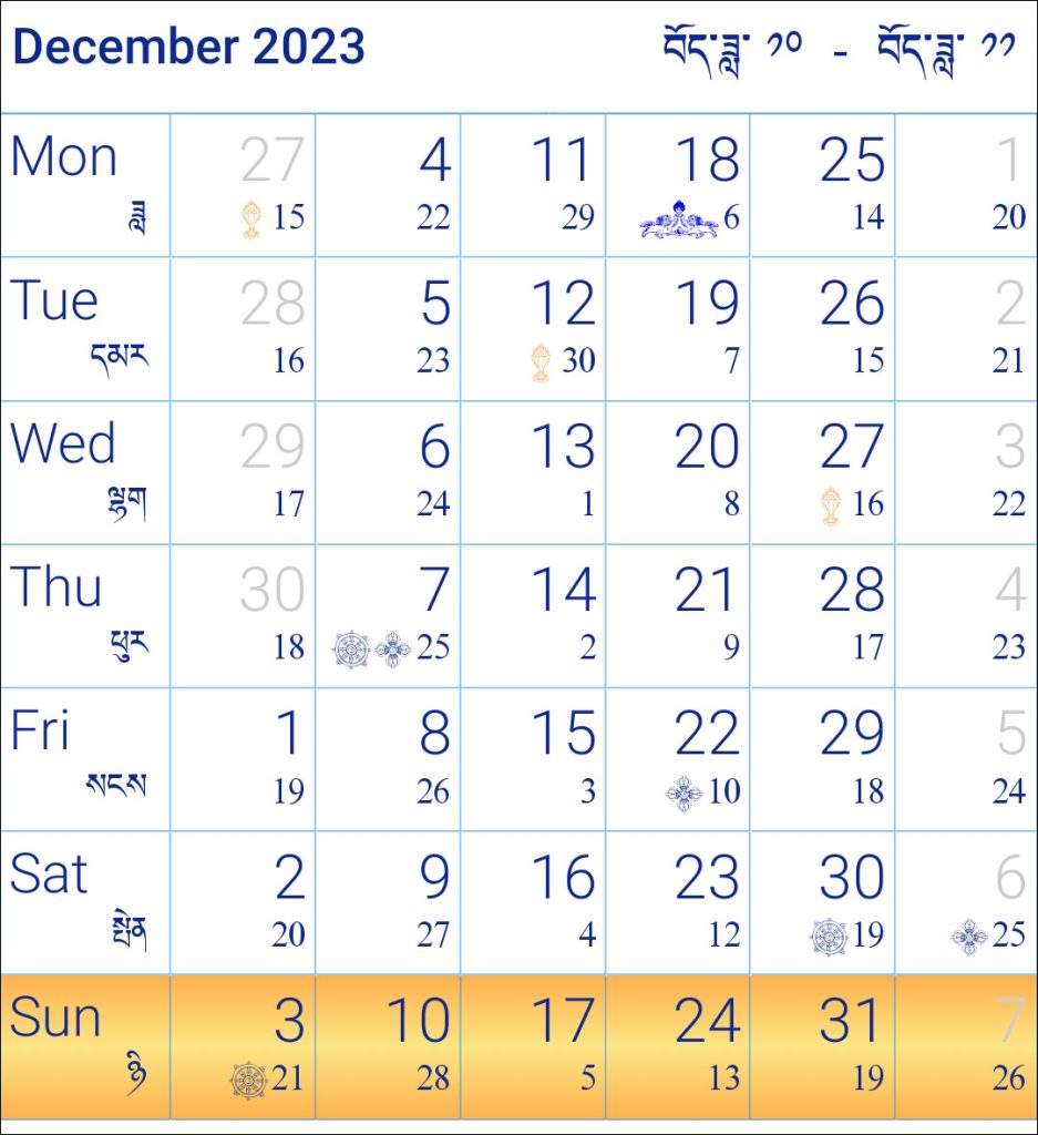 Tibetan Buddhist Calendar 2023 December