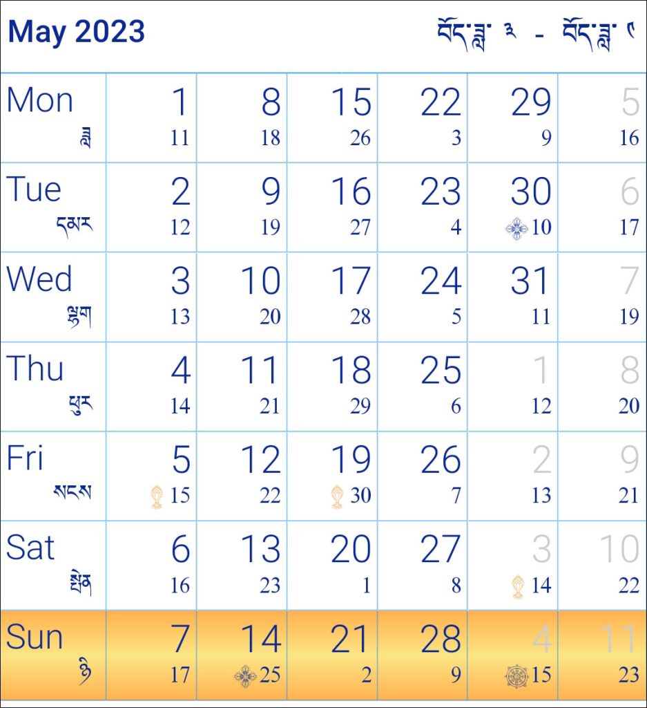 Tibetan Buddhist Calendar 2023 May