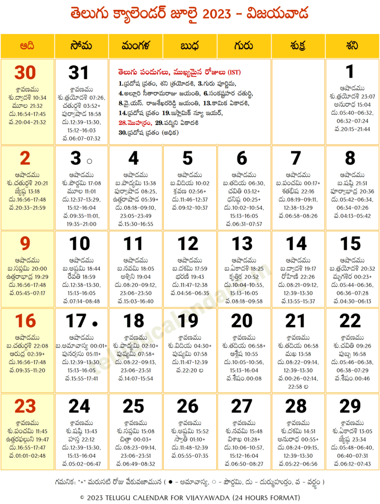 Andhra Pradesh Telugu Calendar 2023 July