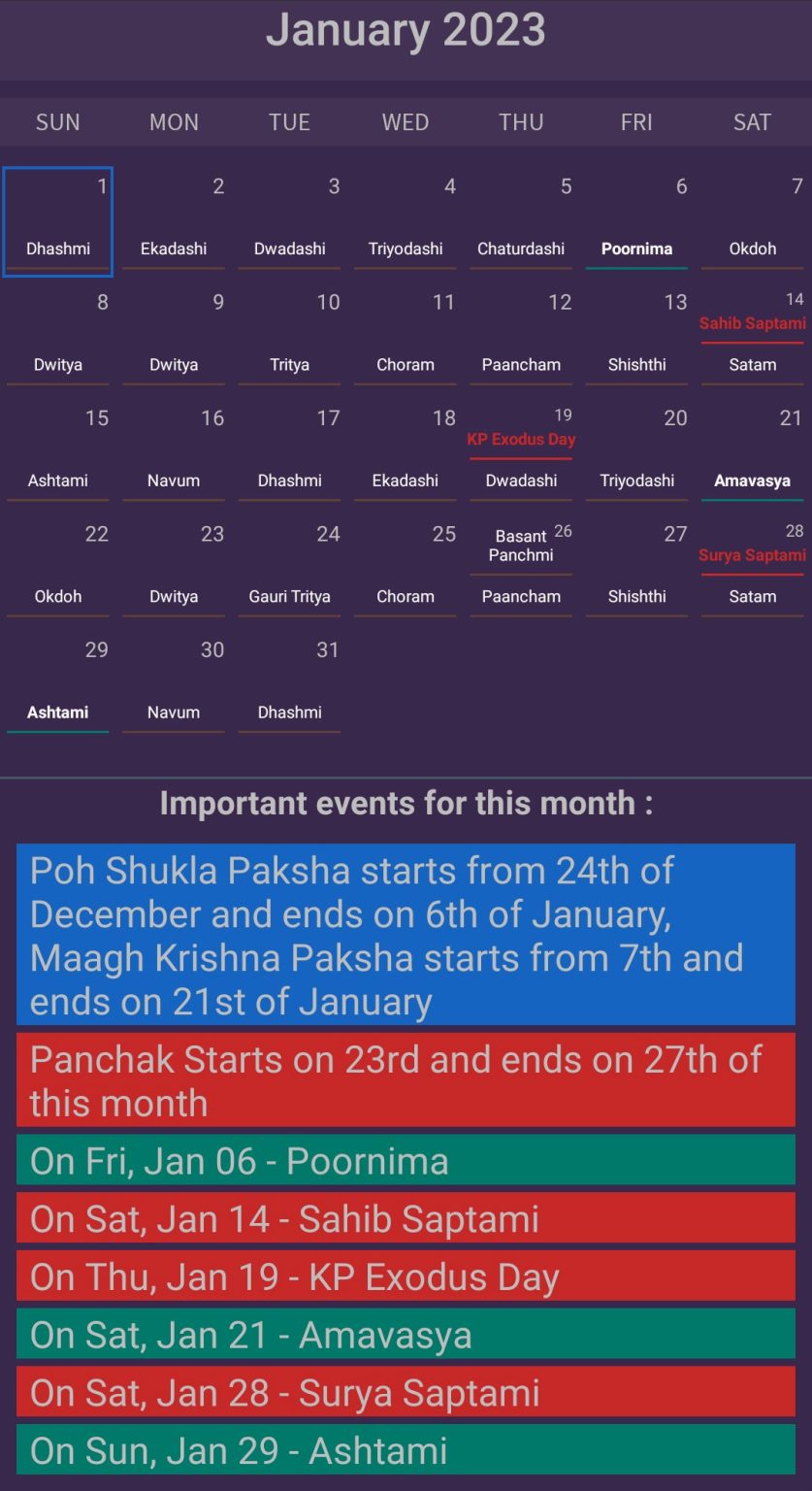 Kashmiri Calendar 2023 PDF Download, Koshur Calendar Panchang 2023 with