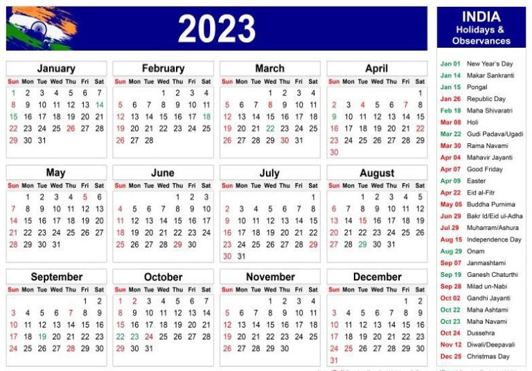 Calendar 2023 With Indian Holidays Pdf Download