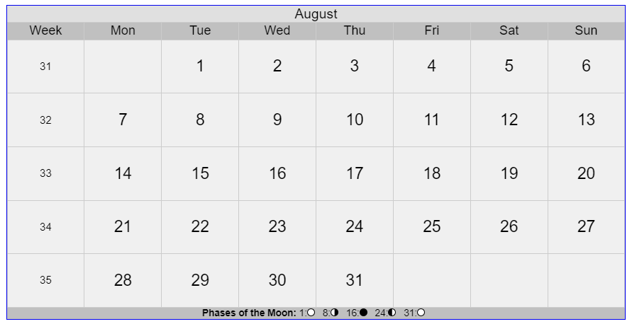 Gregorian Calendar 2023 August