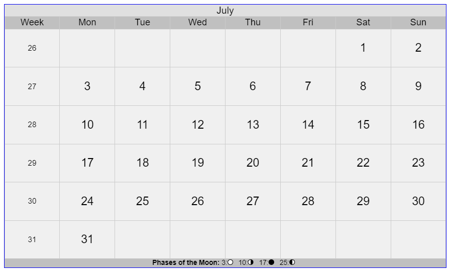 Gregorian Calendar 2023 July