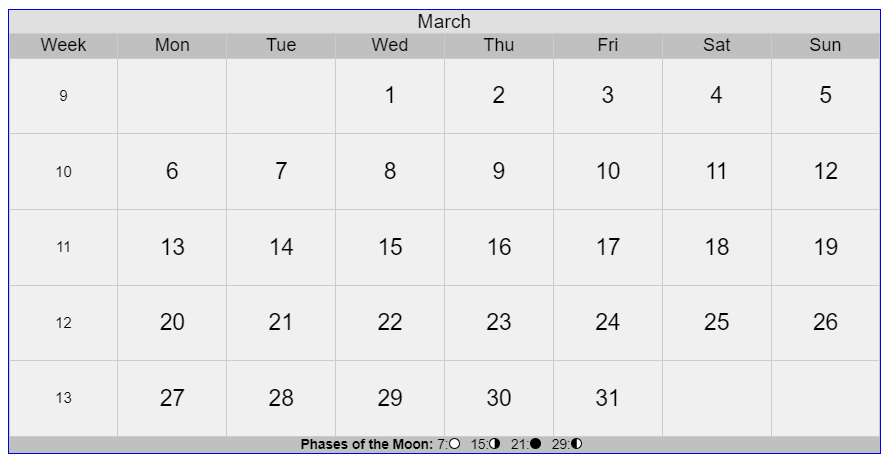 Gregorian Calendar 2023 March
