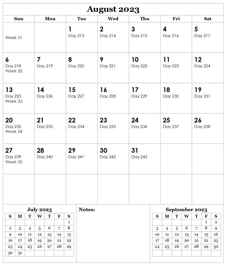 Julian Calendar 2023 August