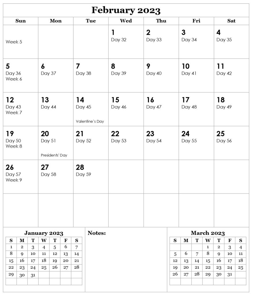 Julian Calendar 2023 February