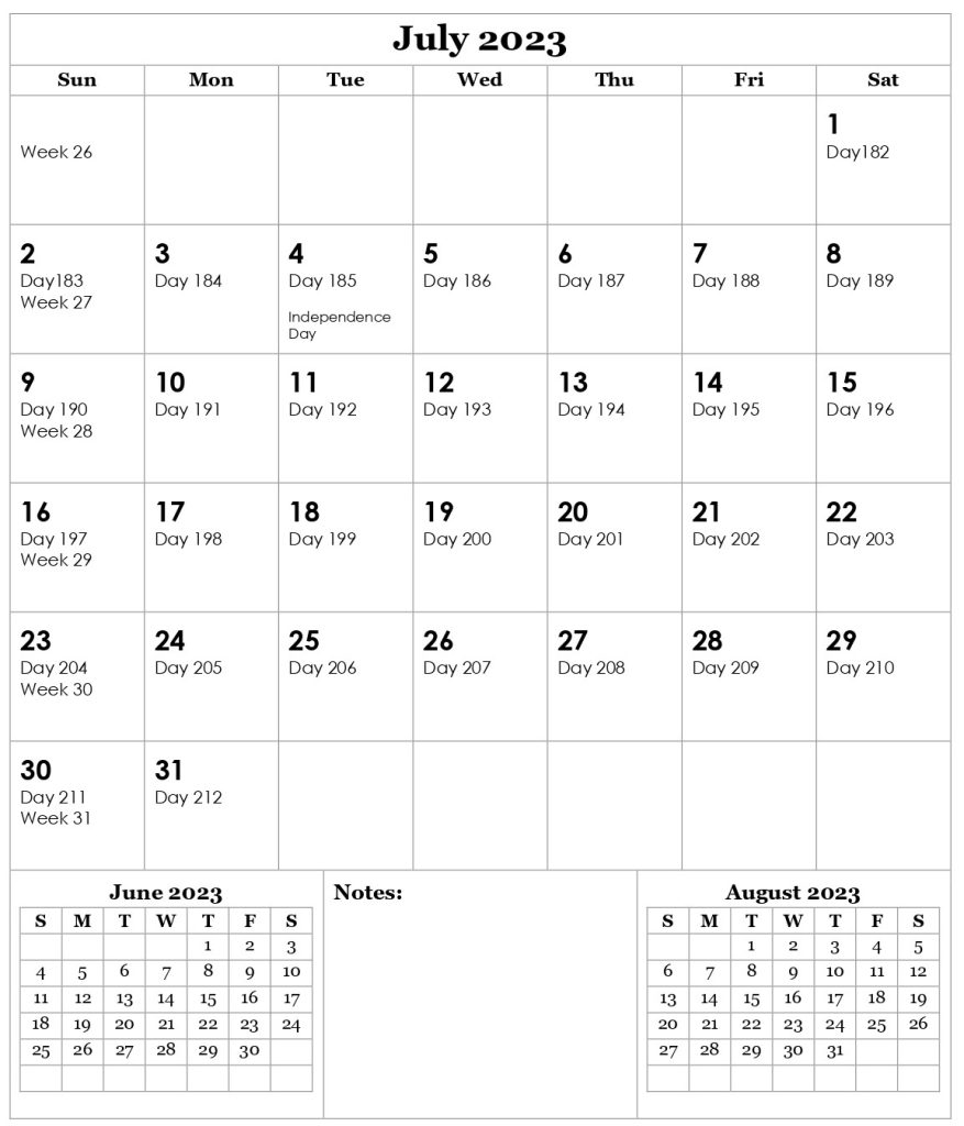 Julian Calendar 2023 July