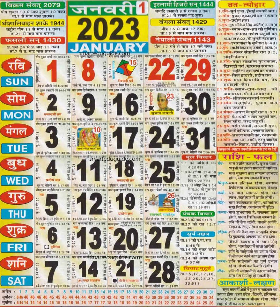 Hindu Calendar January 2023 | हिन्दू पंचांग कैलेंडर 2023 जनवरी