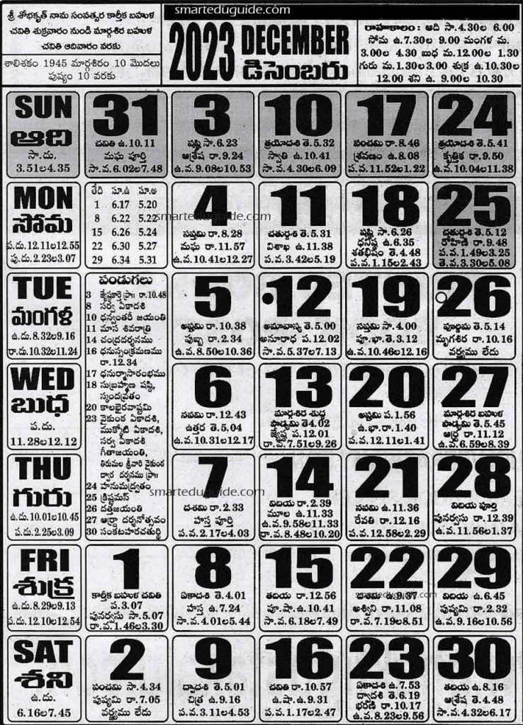 Telugu Calendar 2023 December (Panchangam)