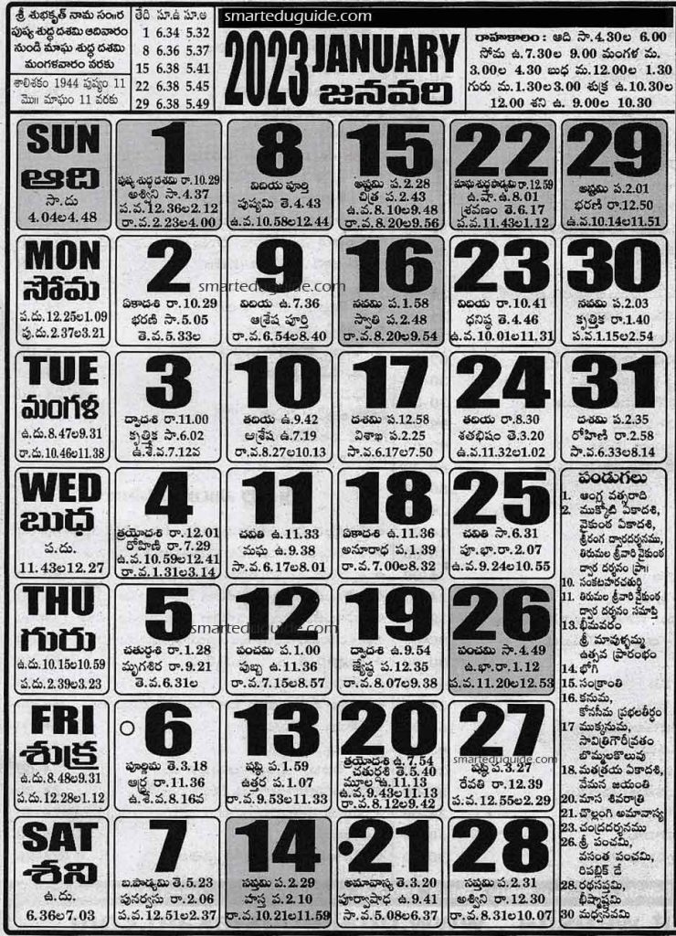 Telugu Calendar 2023 January (Panchangam)