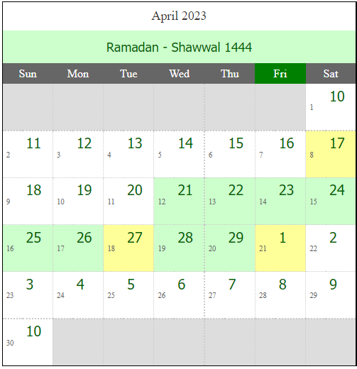 Islamic Urdu Calendar April 2023 (Ramadan - Shawwal 1444)