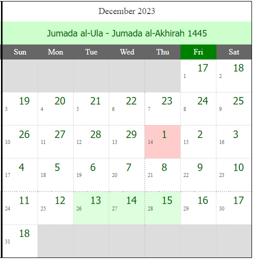 Islamic Urdu Calendar December 2023 (Jumada al-Ula - Jumada al-Akhirah 1445)