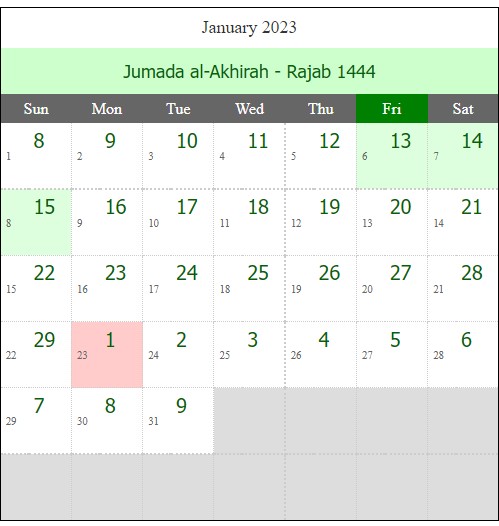 Islamic Urdu Calendar January 2023 (Jumada al-Akhirah - Rajab 1444)