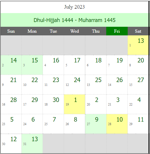 Islamic Urdu Calendar July 2023 (Dhul-Hijjah 1444 - Muharram 1445)