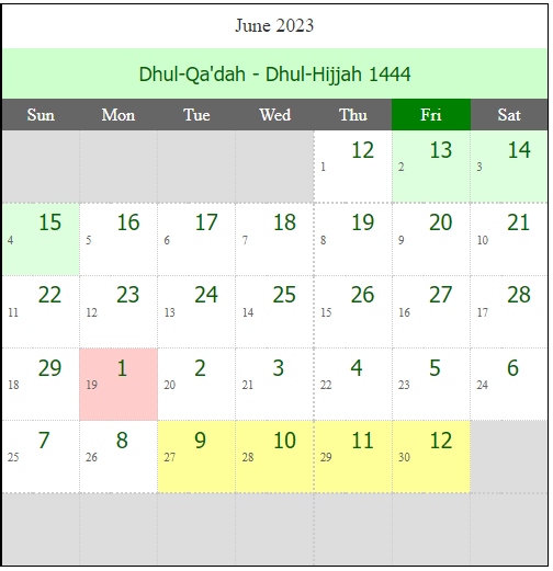 Arabic Date and Chand Ki Tarikh in June 2023
