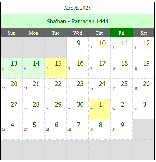Islamic Urdu Calendar March 2023 (Sha'ban - Ramadan 1444)