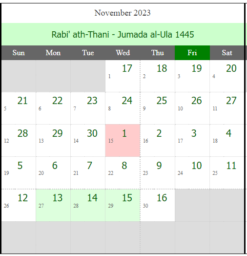 Islamic Urdu Calendar November 2023 (Rabi' ath-Thani - Jumada al-Ula 1445)