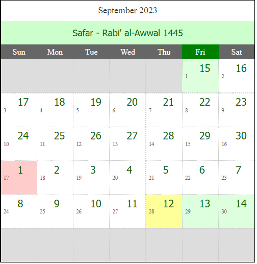 Islamic Urdu Calendar September 2023 (Safar - Rabi' al-Awwal 1445)