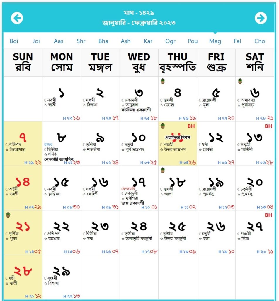Bengali Calendar Magh 1429 (January to February 2023)
