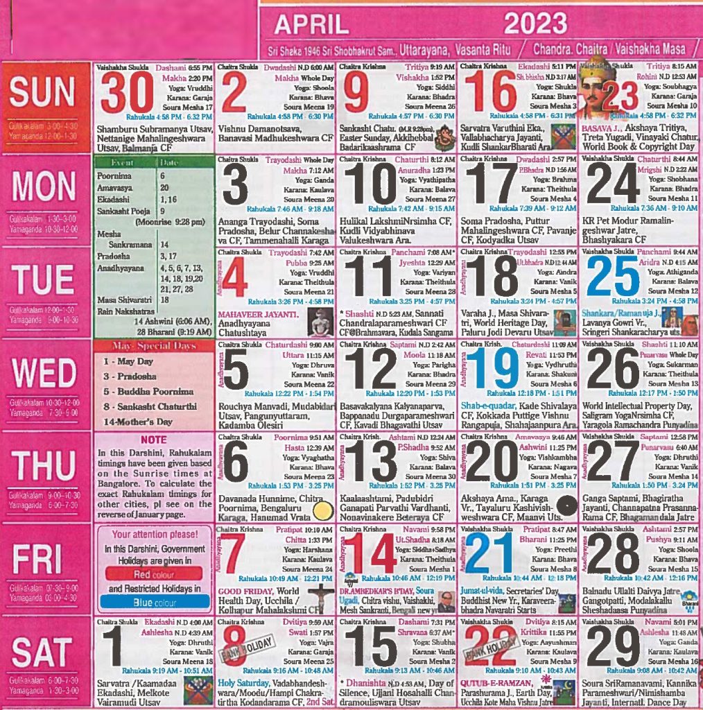 English Calendar 2023 April