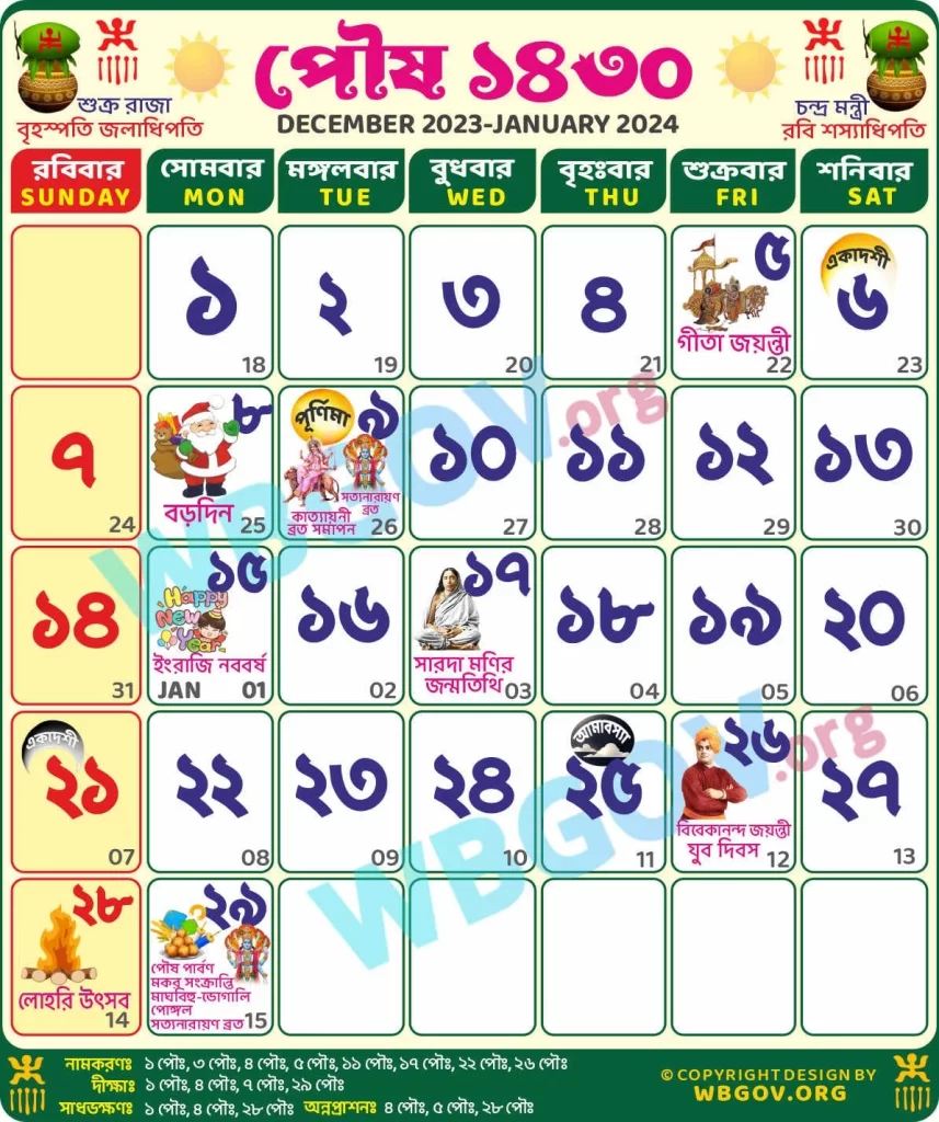 Poush 1430 - Bengali Calendar December 2023 to January 2024