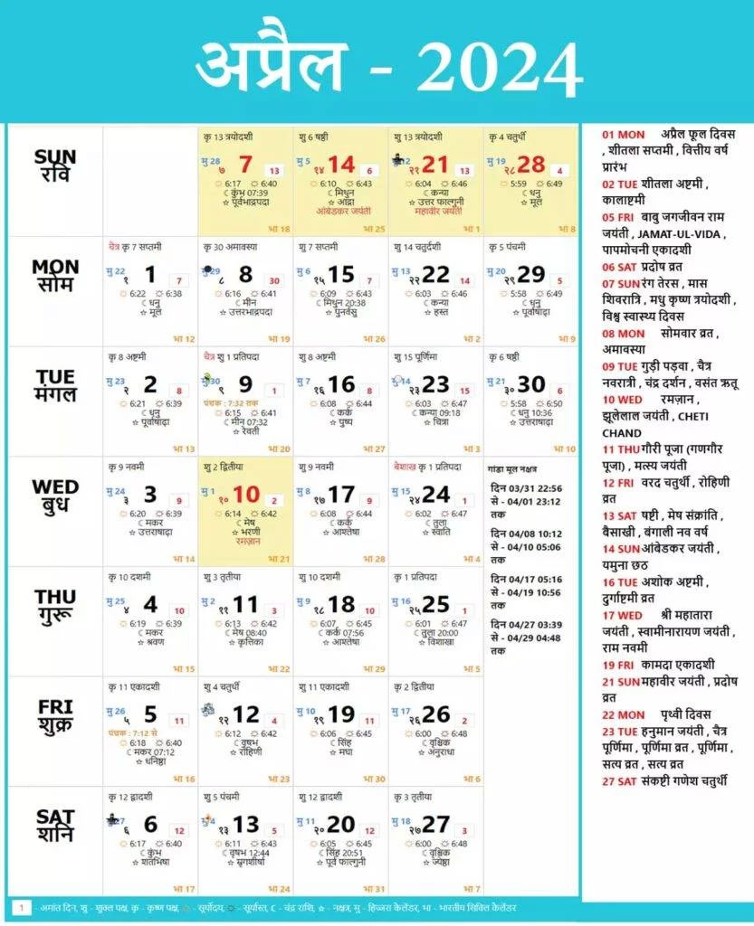 Hindu Calendar 2024 April