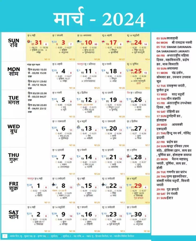 Hindu Calendar 2024 March